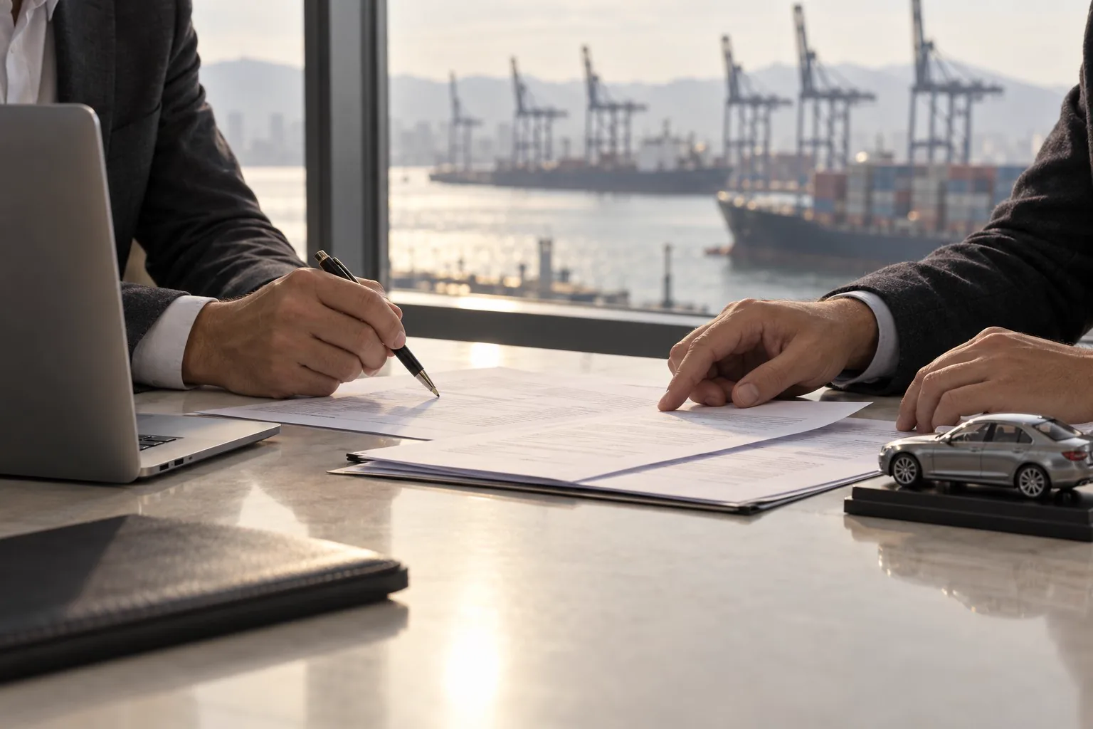 Conceptual scene of partners planning a vehicle export shipment