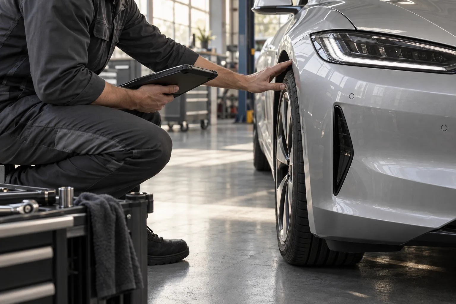 Conceptual vehicle inspection scene with a technician checking bodywork and a wheel